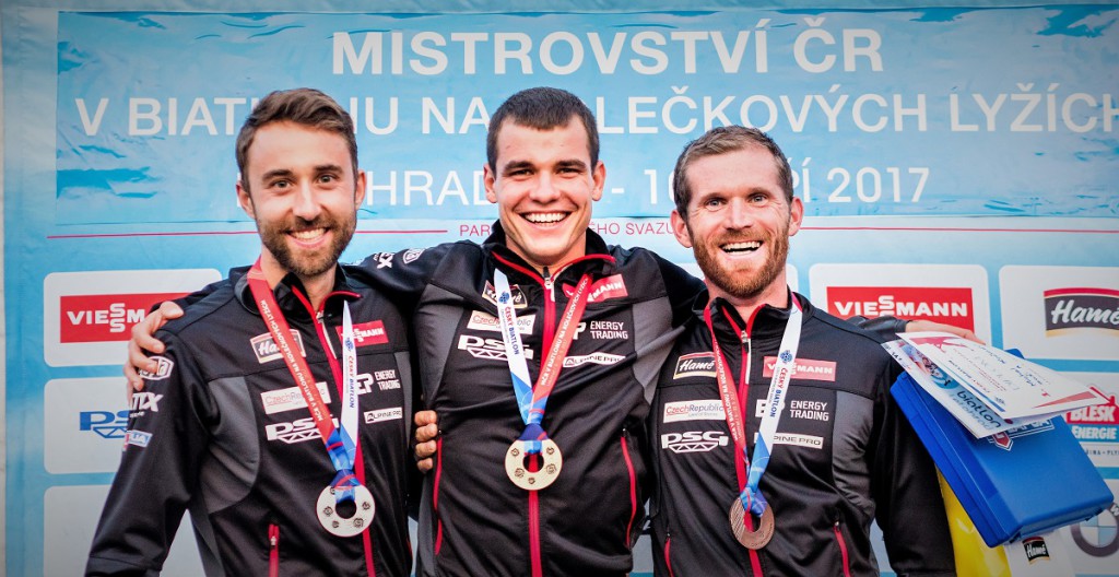 Medailisté sprintu - zleva: Tomáš Krupčík (2.), Michal Krčmář (1.) a Michal Šlesingr (celkově 5., ale 3. v MČR)