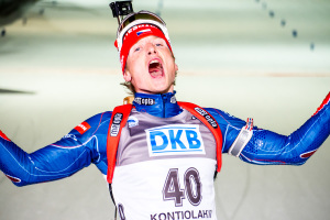 Radost Ondřeje Moravce po dojezdu do cíle. Foto: Český biatlon, Petr Slavík