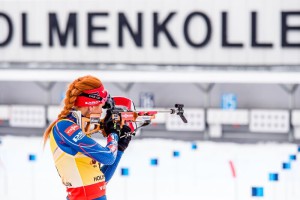 Gabriela Soukalová při nástřelu před vytrvalostním závodem. Foto: Český biatlon, Petr Slavík