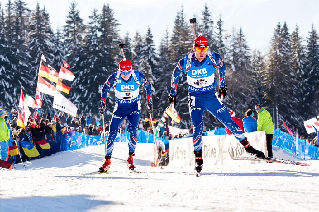 Ondřej Moravec a Michal Šlesingr na trati závodu ve Sprintu v Anterselvě. Foto: Český biatlon, Petr Slavík